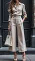 Scatto a figura intera che mostra il drappeggio e la vestibilità del completo in lino beige - Taglia S / Top E Pantaloni / Albicocca