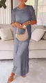 Elegant grey hollow-out midi dress featuring short sleeves and a classic round neck design. - Gray