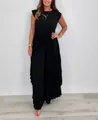 Elegante set due pezzi da donna con top nero plissettato a girocollo e pantaloni dritti - Nero