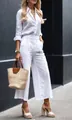 Elegante completo due pezzi in lino bianco con camicia a maniche lunghe e pantaloni larghi - Taglia S / Top E Pantaloni / Bianco