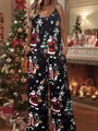 Festive Christmas print jumpsuit for women featuring Santa and reindeer motifs in black - Christmas Santa and Reindeer
