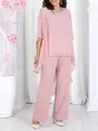 Elegant tweedelig dames-chiffon-set in oudroze met losse gelaagde top en bijpassende broek - S / Boven- En Onderstuk / Roze