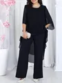 Elegante zwarte chiffon tweedelige set met losse cape-mouwen top en een wijde broek - S / Boven- En Onderstuk / Zwart