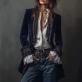 Élégante veste en velours bleu marine avec broderies et poignets en dentelle vintage - S / Hauts / Bleu marine
