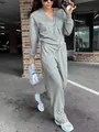 Conjunto de dos piezas de otoño con cárdigan de punto gris y pantalón ancho - S / Top Y Pantalón / Gris