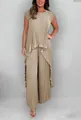 Elegante completo due pezzi con top senza maniche plissettato kaki e pantaloni - Albicocca