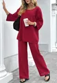 Ensemble deux pièces pour femme en coton-lin avec haut col rond et pantalon large bordeaux - S / Haut Et Bas / Rouge Foncé