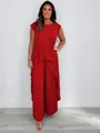 Elegante completo rosso due pezzi plissettato con top girocollo e pantaloni a gamba larga. - Rosso