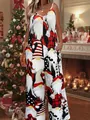 Detailed view of a festive wide-leg jumpsuit featuring colorful Christmas gnome prints. - Christmas Red Beard Gnome Print