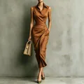 Detail showing elegant brown sleeveless asymmetric shirt dress with pleated waist - S / Coffee