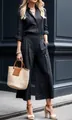 Elegante completo nero a due pezzi con camicia a maniche lunghe e pantaloni a gamba larga - Nero