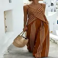 Chic summer striped two-piece set featuring V-neck camisole and wide leg trousers - S / Top And Bottom / Coffee