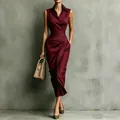 Elegant burgundy sleeveless shirt dress with asymmetrical draped waist and collared neck. - S / Burgundy