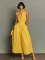 Robe longue élégante jaune sans manches à col chemise, décolleté en V et taille haute - S / Jaune Citron