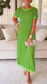 Stylish green round neck hollow-out mesh maxi dress with short sleeves 2-piece set - Green