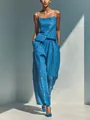 Elegant blue two-piece set featuring asymmetrical button camisole and wide-leg trousers. - S / Top And Bottom / Sapphire Blue