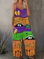 Detailansicht eines lässigen Halloween-Jumpsuits für Damen mit lebendigen Festprints. - S / Oberteil Und Unterteil / Halloween-Patchwork