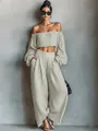 Stylish beige off-shoulder long sleeve crop top and high-waist wide-leg pants set - S / Top And Bottom / White