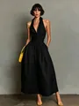 Robe longue dos nu noire élégante avec col chemise et taille haute plissée raffinée - S / Noir