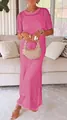 Elegant pink hollow-out two-piece maxi dress with round neck and short sleeves. - Rose Red