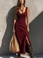 Elegant full-body shot of French retro ribbed maxi dress with high slit and accessories - S / Tops / Burgundy