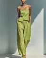 Full body view of a stylish lime green camisole and wide-leg trouser set for summer. - S / Top And Bottom / Matcha Green
