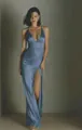 Elegant dusty blue acetate satin halter maxi dress featuring a high slit and deep V-neck. - XS / Blue