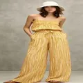 Summer style yellow striped smocked top and matching wide-leg trousers on model - S / Top And Bottom / Orange