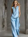 Stylish light blue two-piece set featuring sleeveless V-neck top and wide-leg trousers - Sky Blue