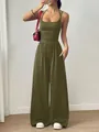 Detail view of a stylish olive green wide-leg sleeveless halter jumpsuit for summer casual wear - Army Green