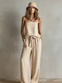 Full-body view of a beige linen-style two-piece set with camisole and wide-leg trousers - S / Top And Bottom / Off White