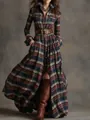 Elegantes vintage französisches langärmeliges Maxikleid mit Karomuster in herbstlichen Tönen - XS / Oberteil Und Unterteil / Rot & Blau