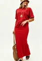 Detailed full-body view of woman in red two-piece casual t-shirt and maxi skirt set - S / Top And Bottom / Red