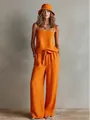 Vibrant orange two-piece set with camisole top, wide-leg pants, and matching bucket hat. - S / Top And Bottom / Orange