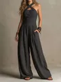 Full view of the elegant grey vertical striped halter neck knitted wide-leg jumpsuit. - S / Top And Bottom / Slate Gray