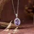 Close-up of S925 silver necklace with oval purple amethyst pendant and cubic zirconia halo. - Natural Amethyst Pendant (With Chain)