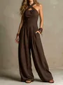 Detailed view of a brown ribbed cross halter jumpsuit with elegant wide leg design - Dark Brown