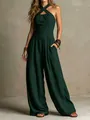 Elegant dark green halter neck ribbed jumpsuit with wide leg silhouette - Dark Green