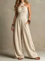 Detailed view of stylish criss-cross halter neck knit jumpsuit with wide-leg cut - S / Top And Bottom / Khaki