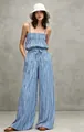 Elegant blue and white vertical striped casual jumpsuit set with smocked top and wide leg pants - S / Top And Bottom / Lake Blue