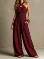 Detailed view of women's burgundy criss-cross halter neck ribbed knit wide-leg jumpsuit - S / Top And Bottom / Burgundy