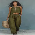 Bohemian olive green linen two-piece set featuring crop top and wide-leg trousers - S / Top And Bottom / Olive Green