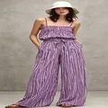 Casual purple and white striped two-piece jumpsuit set with smocked top - S / Top And Bottom / Purple Blue