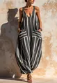 Stylish blue and white vertical striped V-neck loose wide-leg jumpsuit - S / Top And Bottom / Gray