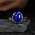 Close-up of an oval lapis lazuli gemstone inlaid in an S925 sterling silver ring. - Open Size (LR324-1) / Lapis Lazuli