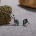 Detailed view of S925 sterling silver earrings featuring kite-shaped green moss agate stones - Asymmetric Moss Agate Earrings (LS152)-Silver / Silver