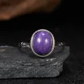 Close-up of elegant S925 silver ring featuring a large oval purple charoite gemstone - Open Size (LR324-1) / Natural Charoite