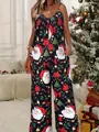Women's sleeveless Christmas print jumpsuit with festive Santa Claus and tree patterns - Christmas Red Green Santa
