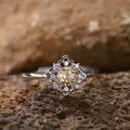 Detailansicht eines S925 Silberrings mit rundem gelbem Citrin-Edelstein auf einem Fels. - Natürlicher Citrin Ring / Silber