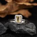 Detailed macro view of S925 silver ring with emerald-cut yellow topaz and halo - Natural Citrine Ring / Silver
